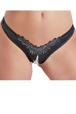 Damen Slip ouvert mit Perlenketten String Schwarz Rot